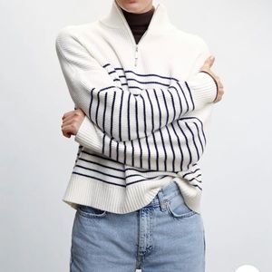 COPY - Mango cream and navy striped over sized quarter zip sweater knit
